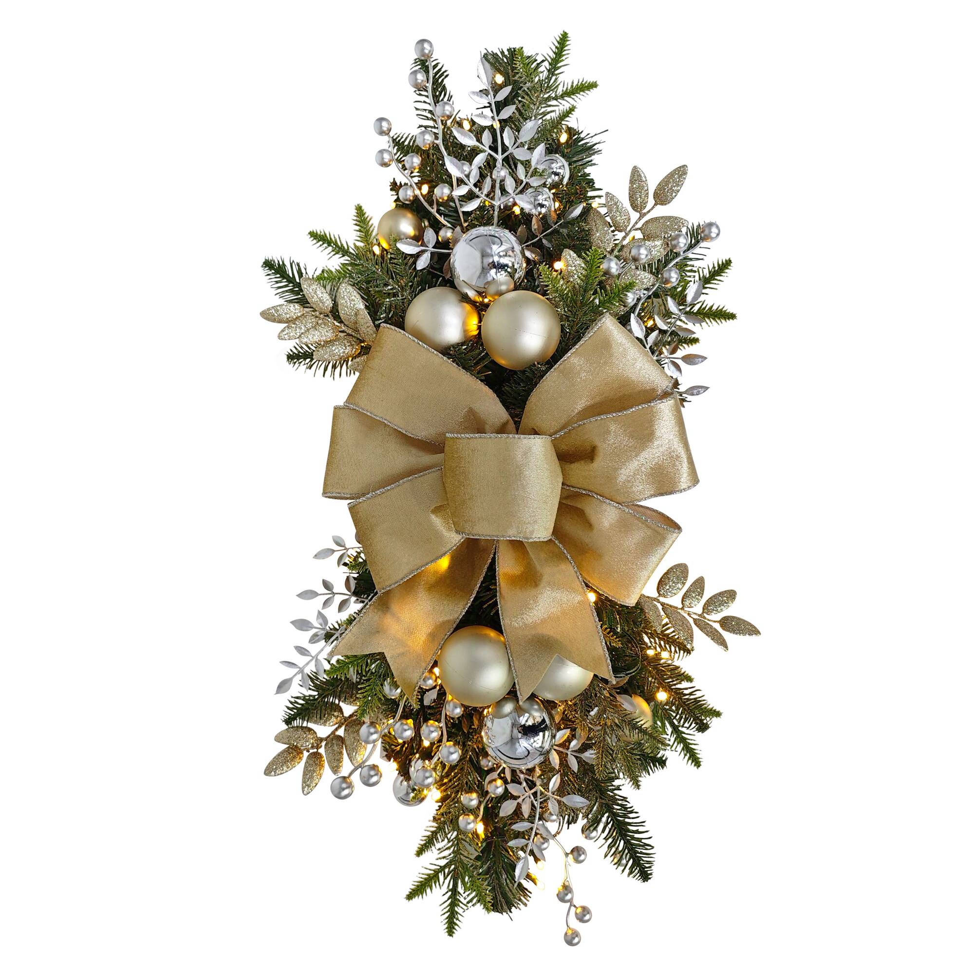 28" Pre-Lit Gold & Silver Adorned Artificial Banister Swag